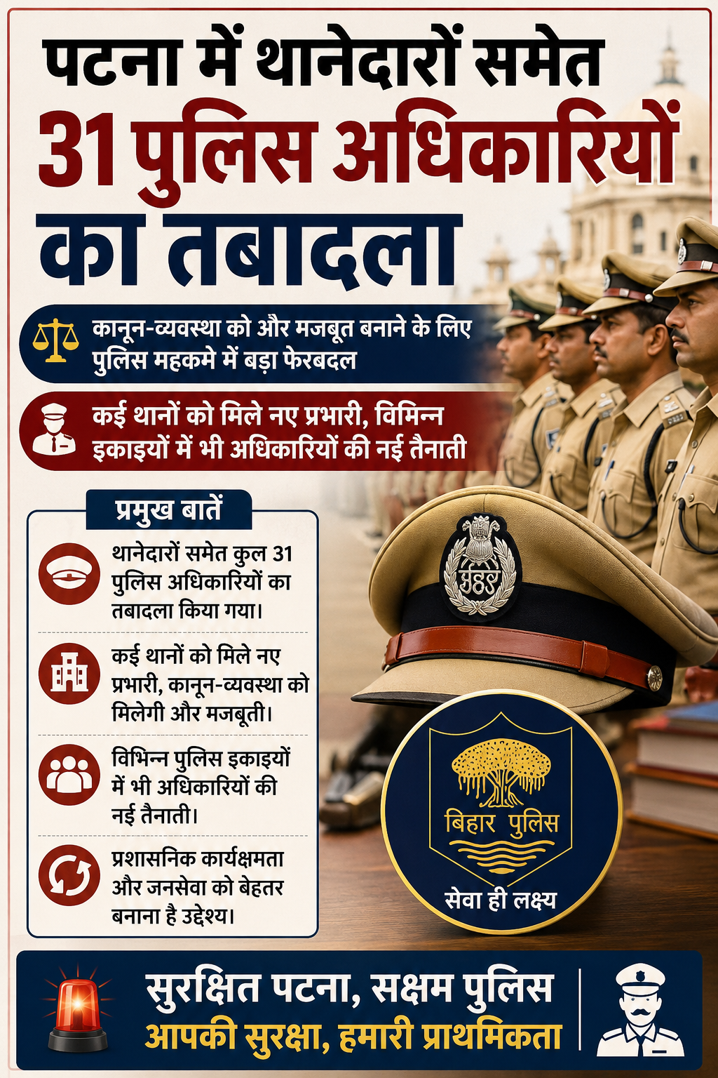 पटना पुलिस में बड़ा फेरबदल, 31 पुलिस पदाधिकारियों का तबादला